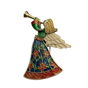 Christmas Angel Colorful Enamel Pin Brooch Floral Dress‎ Wings Horn Traditional